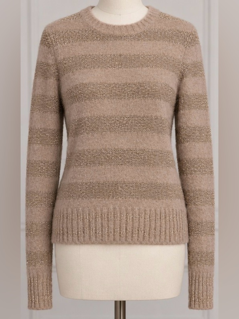 MaxMara Women’s Metallic Gold Striped Crewneck Sweater, Medium
